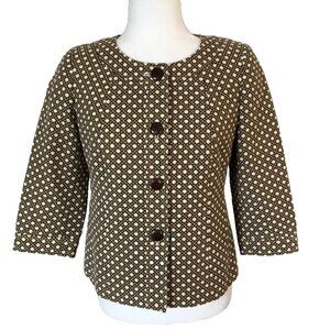 TALBOTS Petites Cotton Blazer Lined 3/4 Sleeve Size 4P Brown Basket Geo Print